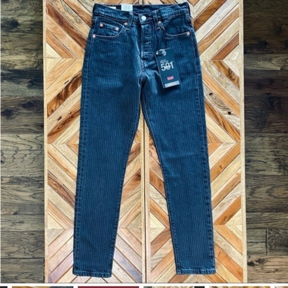 WOMEN’S NEW PREMIUM LEVIS 501 STRIPED SKINNY HIGH RISE BLACK WASH SIZE 25